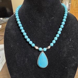 Turquoise Beaded Necklace and Earings with Silver Accents.